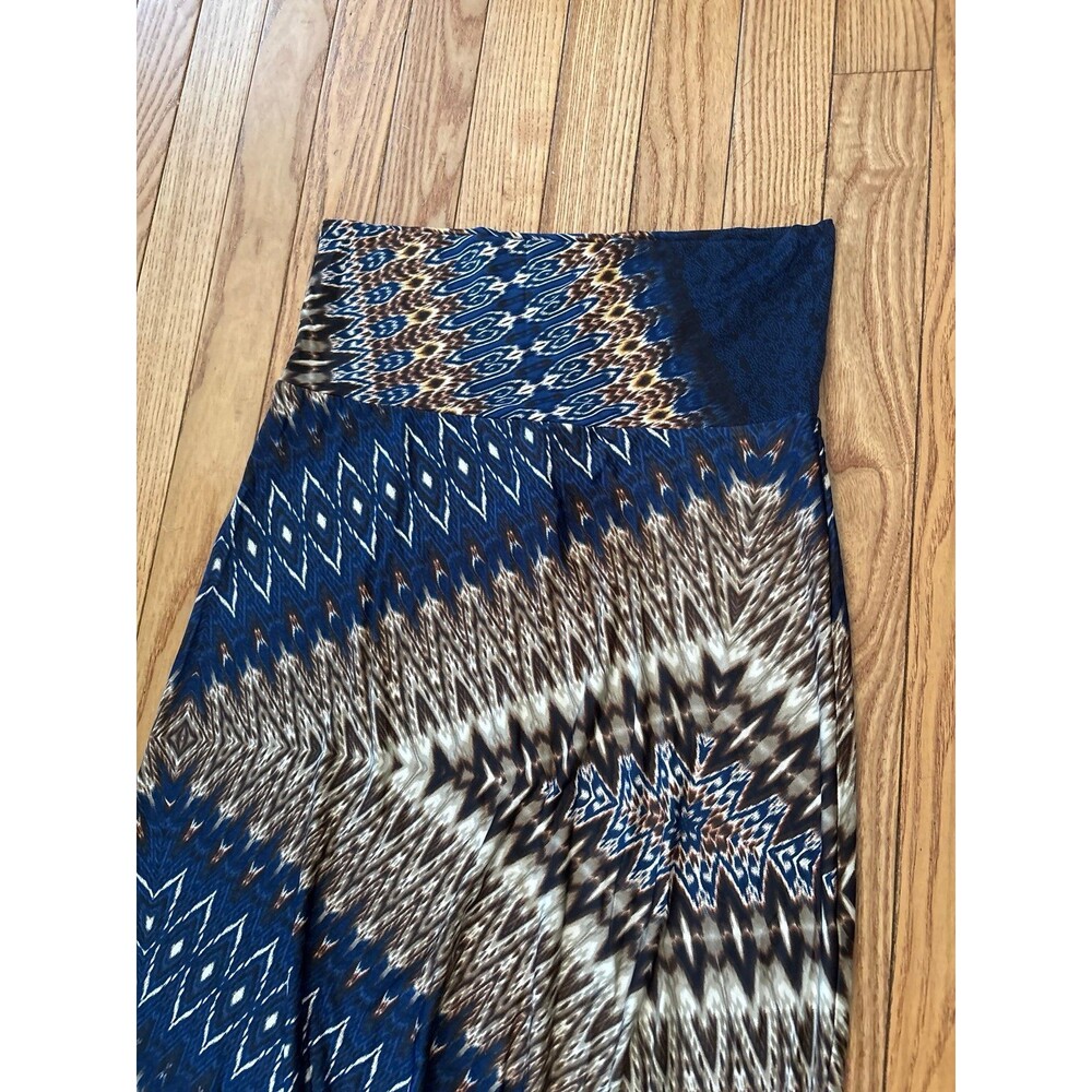 Maxi skirt navy gold yoga band silky hippy vintage whimsical zig zag straight